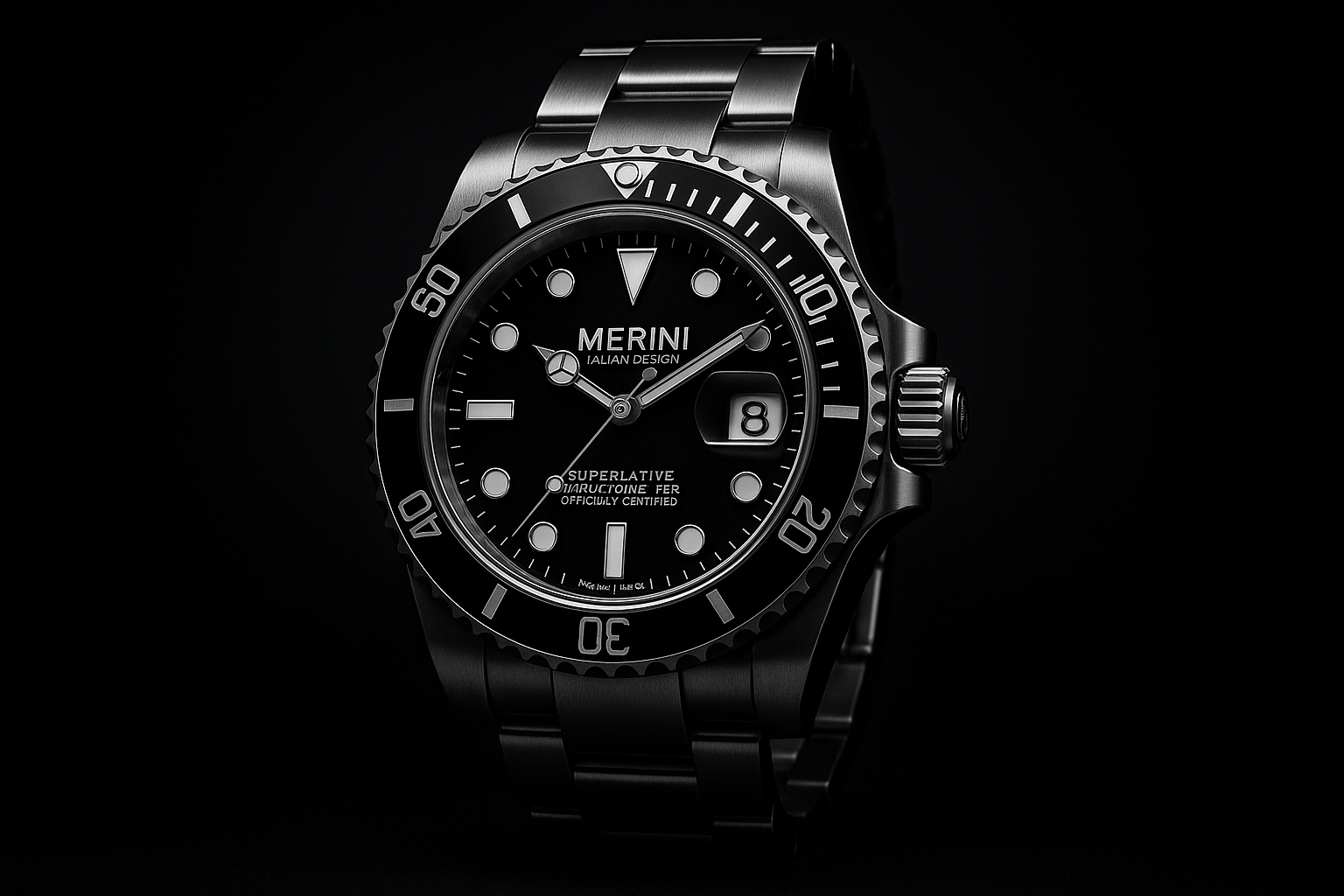 SFONDO NERO AL LATO SFUMATO CHE PIANO PIANO DIVENTA SEMPRE PIU VISIBILE ENORME UN OROLOGIO STILE SUBMARINER DELLA ROLEX CON DENTRO SCRITTO MERINI ITALIAN DESIGN