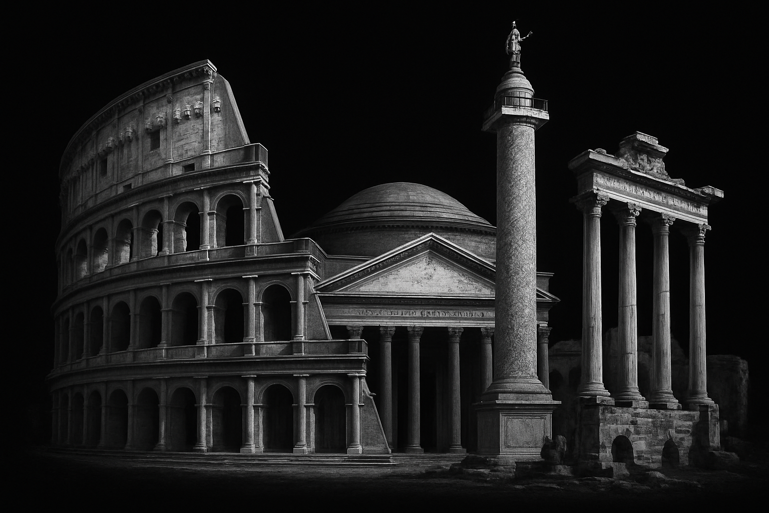 sfondo nero e grande sulla schermata fai dei monumenti di roma in bianco e nero fai un immagine elegante